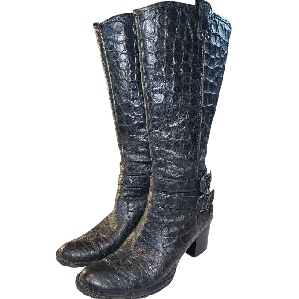 BØRN Lewisa Leather Riding Boot Womens 7.5 Black Textured Croc Embossed Heeled - Picture 4 of 11